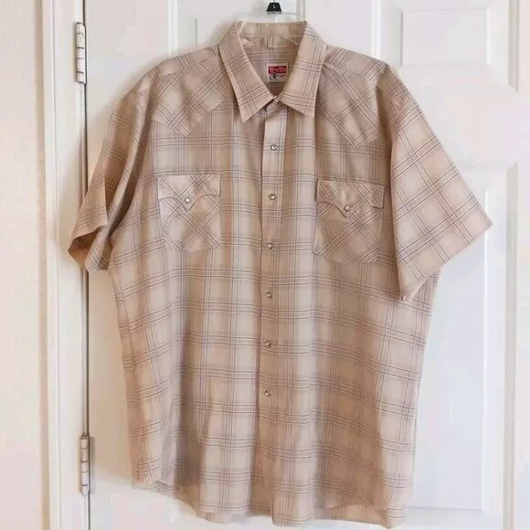 Vintage Tem Tex Pearl Snap Shirt Men's XL Short Sleeve Western Cowboy USA Beige - Picture 1 of 5